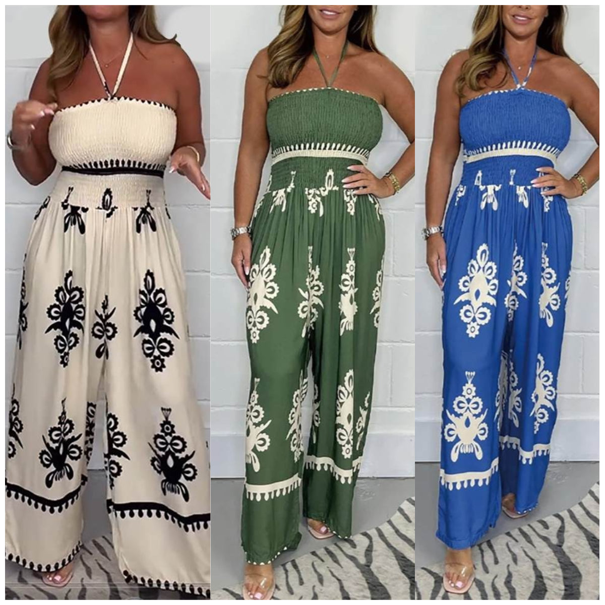 💎 50% DE RÉDUCTION ! 💎 Combinaison Printemps Bardot à Bretelles – Tissu Doux en Rayonne, Jambe Large & Nœud Élégant 🌸👚
