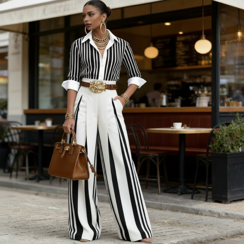 🎁Nouveautés à -50%💥Ensemble chemise rayée et pantalon large – confortable et élégant au quotidien