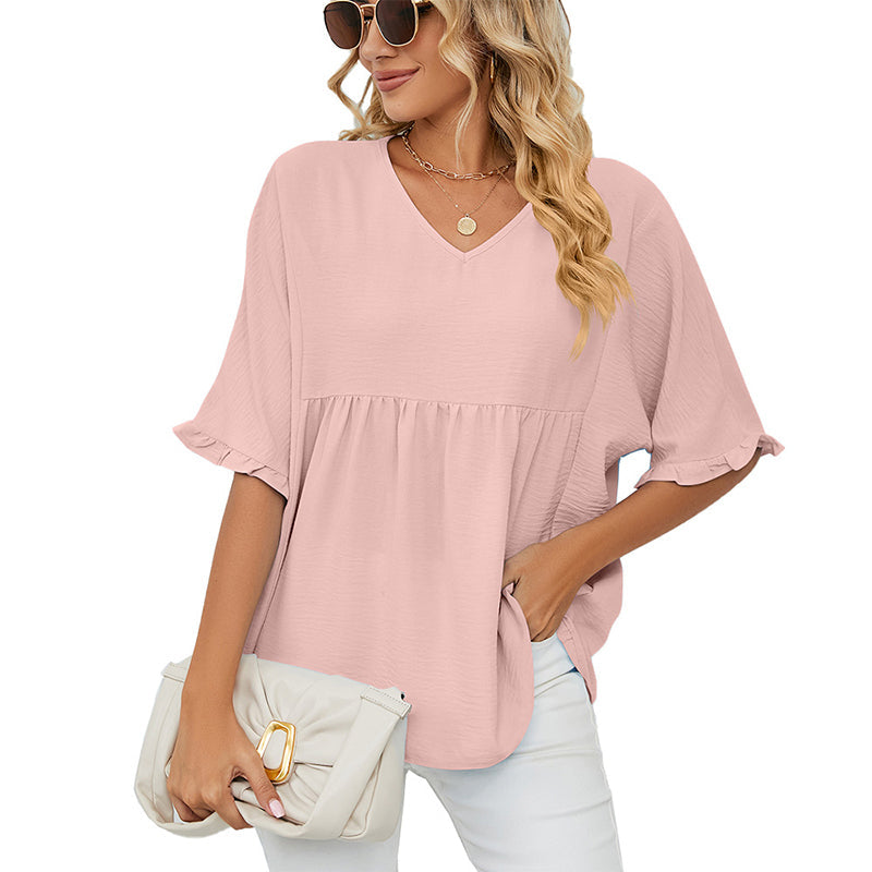 Women's V Neck Short Sleeve Casual Blouses Tops