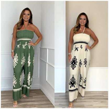 💎 50% DE RÉDUCTION ! 💎 Combinaison Printemps Bardot à Bretelles – Tissu Doux en Rayonne, Jambe Large & Nœud Élégant 🌸👚