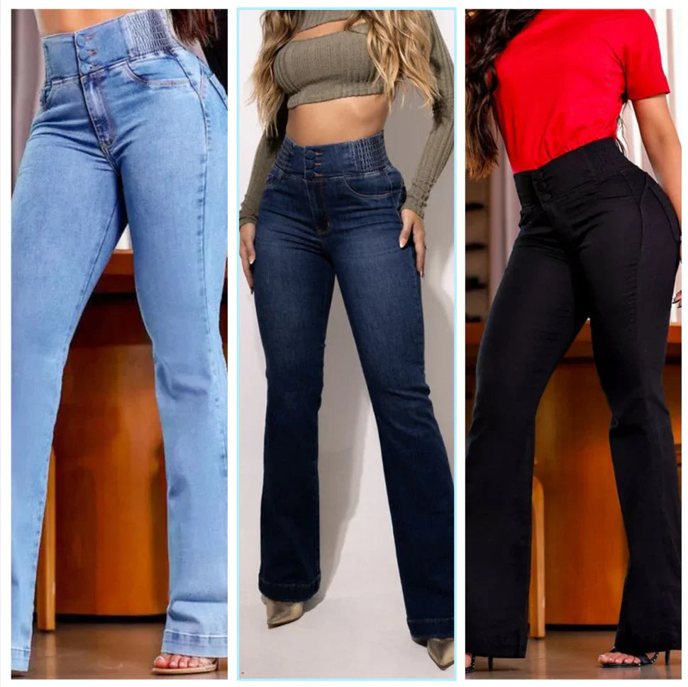 jean évasé taille haute en stretch