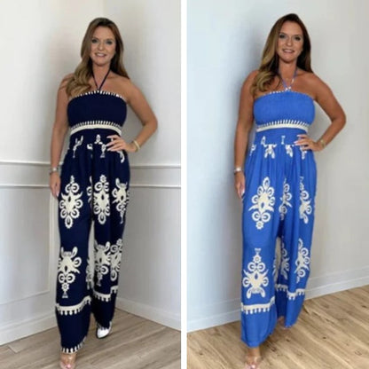 💎 50% DE RÉDUCTION ! 💎 Combinaison Printemps Bardot à Bretelles – Tissu Doux en Rayonne, Jambe Large & Nœud Élégant 🌸👚
