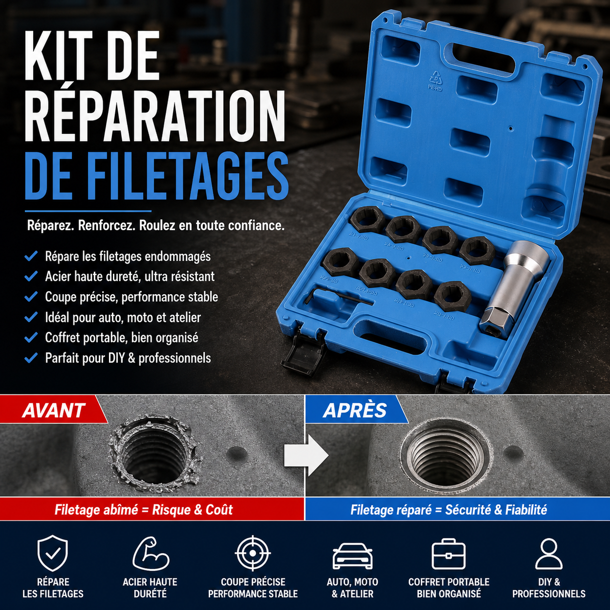 ✨🚗 -50% ! 🔧Lot de 10 Outils de Réparation de Filetages Auto – Acier HSS & Inserts Inox, Kit M5–M12.