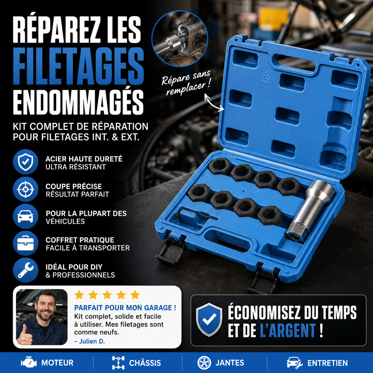 ✨🚗 -50% ! 🔧Lot de 10 Outils de Réparation de Filetages Auto – Acier HSS & Inserts Inox, Kit M5–M12.