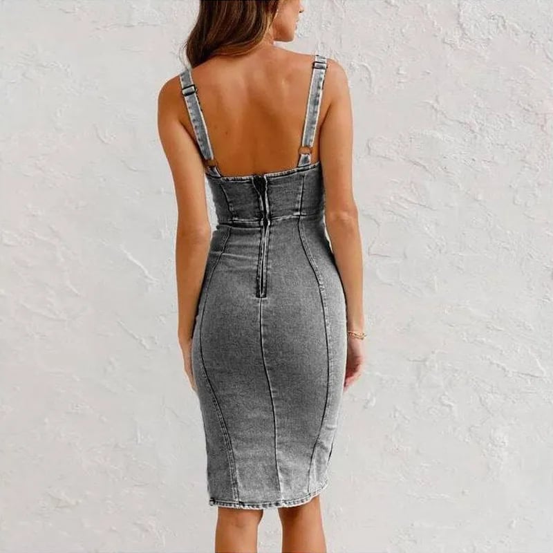 💙 Meilleure Vente 2026 | Robe Denim Moulante | Fente Séduisante & Bretelles Ajustables 🔥【-50%】