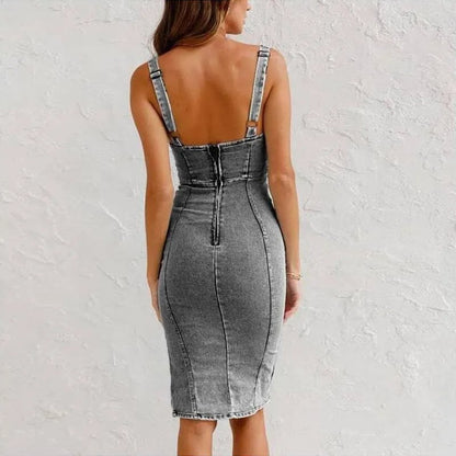 💙 Meilleure Vente 2026 | Robe Denim Moulante | Fente Séduisante & Bretelles Ajustables 🔥【-55%】