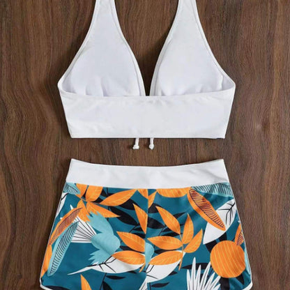 👙 50% DE RÉDUCTION!  Maillot de Bain Deux Pièces Col Licou Décolleté en V – Motif Feuilles, Détail Croisé & Parfait Pour Un Look Élégant À La Plage 🏖️