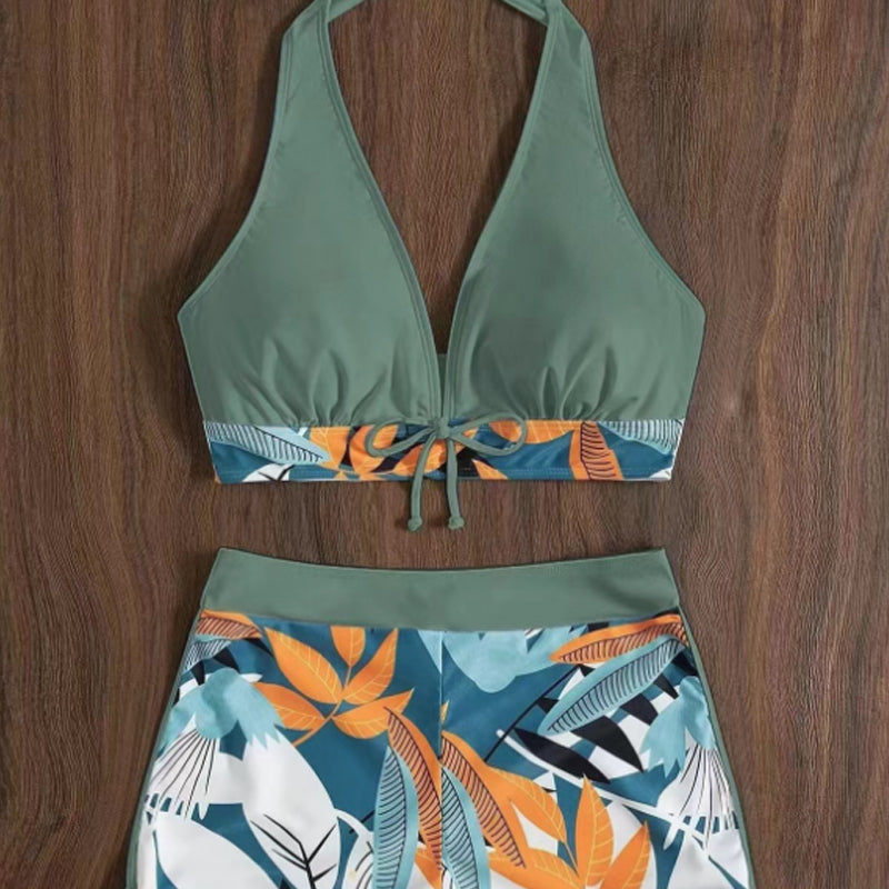👙 50% DE RÉDUCTION!  Maillot de Bain Deux Pièces Col Licou Décolleté en V – Motif Feuilles, Détail Croisé & Parfait Pour Un Look Élégant À La Plage 🏖️
