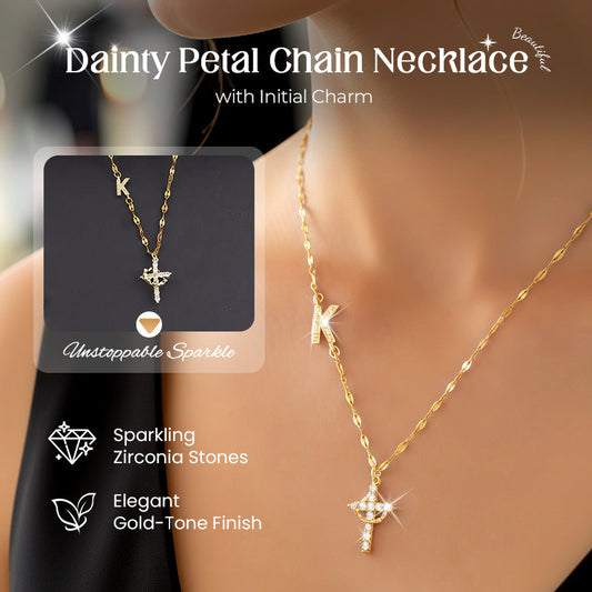 💎 50 % DE RÉDUCTION ! 💎 Collier à maillons délicats en forme de pétales avec pendentif initiale – Longueur réglable, design étincelant et inspiré de la foi ✨📿