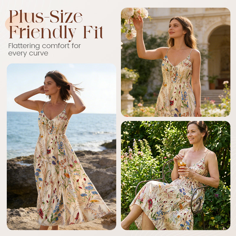 ❤️Robe midi à bretelles fines, imprimé floral – Grande taille