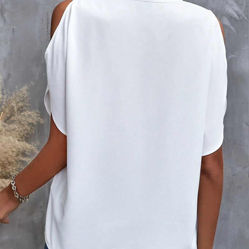 T-shirt monochrome élégant pour femme, col en V et épaules dénudées