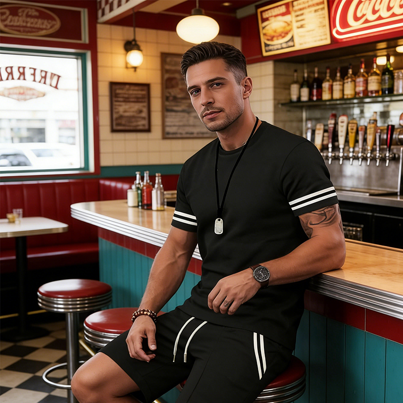 💎 -50% SUR L'ENSEMBLE 2 PIÈCES HOMME ! 💎 T-Shirt Rayé & Short, Tissu Respirant & Cordon de Serrage ✨