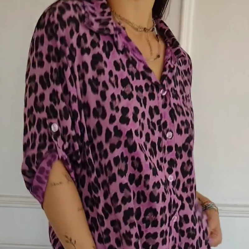 ⏳Offre à durée limitée : 50 % de réduction⏰Chemise élégante à col et manches ajustables, imprimé léopard🐆👚