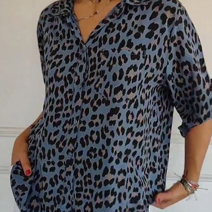 ⏳Offre à durée limitée : 50 % de réduction⏰Chemise élégante à col et manches ajustables, imprimé léopard🐆👚