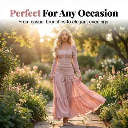 👗 50% DE RÉDUCTION ! Robe Longue Femme Col Carré – Tissu Texturé, Corsage Élastique & Silhouette Flatteuse 🌸