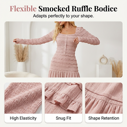 👗 50% DE RÉDUCTION ! Robe Longue Femme Col Carré – Tissu Texturé, Corsage Élastique & Silhouette Flatteuse 🌸