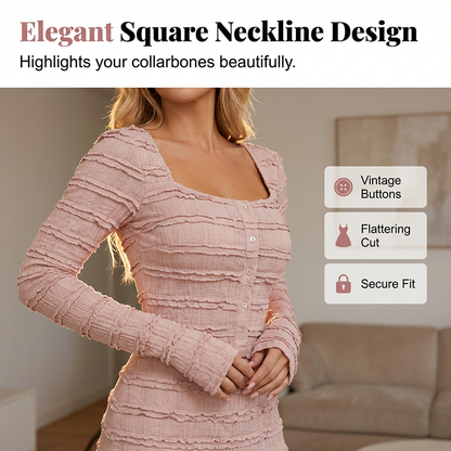 👗 50% DE RÉDUCTION ! Robe Longue Femme Col Carré – Tissu Texturé, Corsage Élastique & Silhouette Flatteuse 🌸