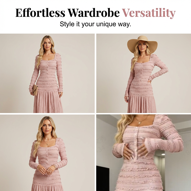 👗 50% DE RÉDUCTION ! Robe Longue Femme Col Carré – Tissu Texturé, Corsage Élastique & Silhouette Flatteuse 🌸