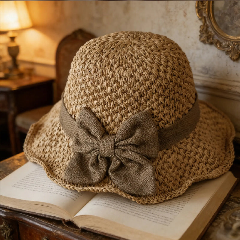 👒🌞 PROMO -50% ! Chapeau de Soleil Tressé avec Nœud – Large Bord, Ajustable & Pliable pour Voyage (Kaki/Beige)