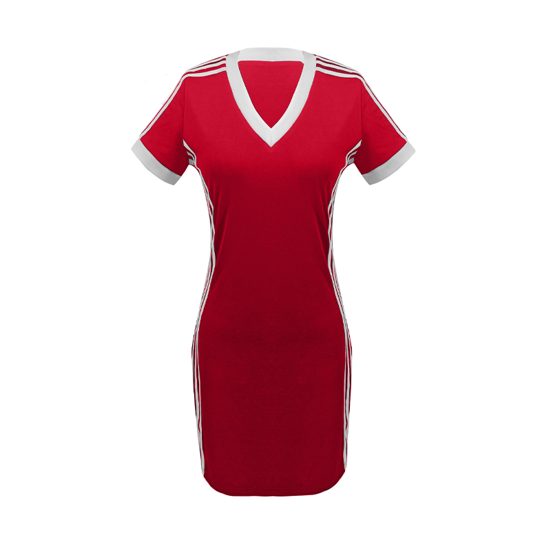 👗 50 % DE RÉDUCTION EN CE MOMENT ! Mini-robe moulante sportive pour femme – Col en V, manches rayées, polyester respirant et coupe près du corps 🏃‍♀️✨