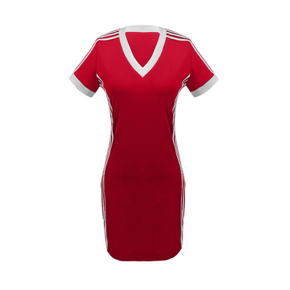 👗 50 % DE RÉDUCTION EN CE MOMENT ! Mini-robe moulante sportive pour femme – Col en V, manches rayées, polyester respirant et coupe près du corps 🏃‍♀️✨