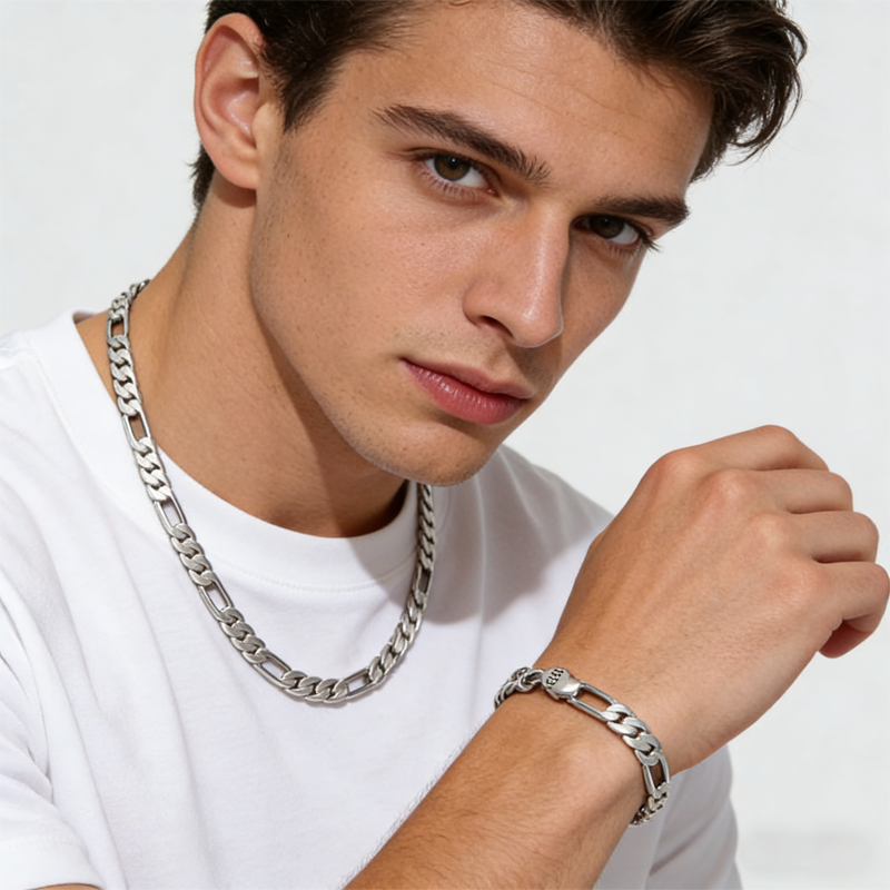 Classic Silver-Tone Chain Necklace & Bracelet Set（50% OFF）