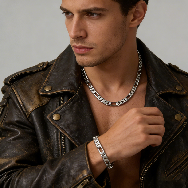 Classic Silver-Tone Chain Necklace & Bracelet Set（50% OFF）