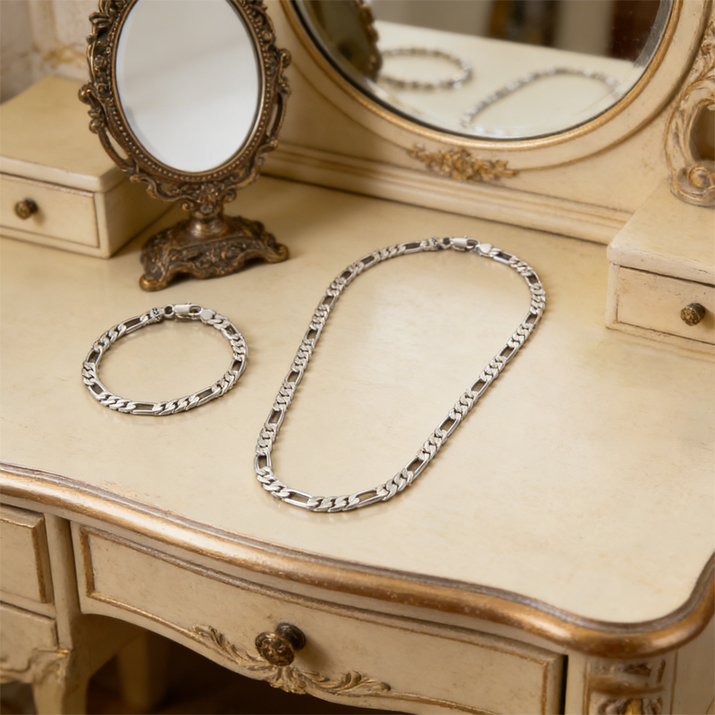 Classic Silver-Tone Chain Necklace & Bracelet Set（50% OFF）