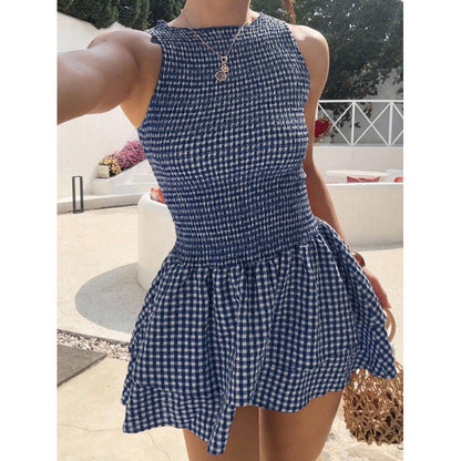 💃（50% de réduction）– Robe mini sans manches à carreaux vichy et smocks | Extensible et confortable, parfaite pour les vacances 🌞