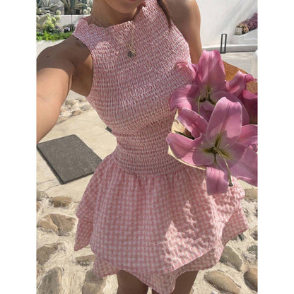 💃（50% de réduction）– Robe mini sans manches à carreaux vichy et smocks | Extensible et confortable, parfaite pour les vacances 🌞