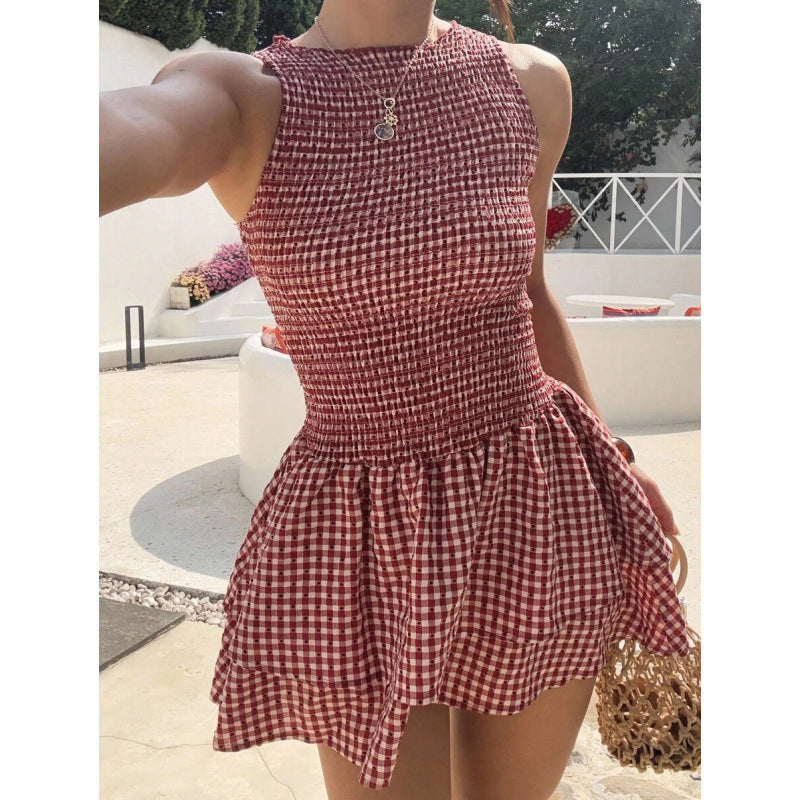 💃（50% de réduction）– Robe mini sans manches à carreaux vichy et smocks | Extensible et confortable, parfaite pour les vacances 🌞