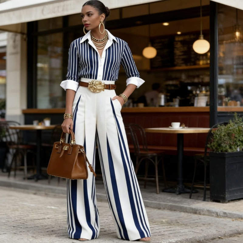 🎁Nouveautés à -50%💥Ensemble chemise rayée et pantalon large – confortable et élégant au quotidien