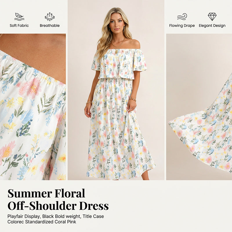 👗 50 % DE RÉDUCTION EN CE MOMENT ! 🌸 Robe longue à manches courtes et épaules dénudées – Imprimé floral, corsage à volants et poches dissimulées ✨