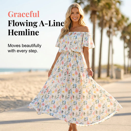 👗 50 % DE RÉDUCTION EN CE MOMENT ! 🌸 Robe longue à manches courtes et épaules dénudées – Imprimé floral, corsage à volants et poches dissimulées ✨