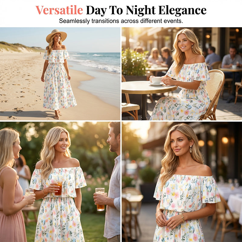 👗 50 % DE RÉDUCTION EN CE MOMENT ! 🌸 Robe longue à manches courtes et épaules dénudées – Imprimé floral, corsage à volants et poches dissimulées ✨