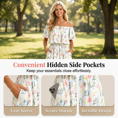 👗 50 % DE RÉDUCTION EN CE MOMENT ! 🌸 Robe longue à manches courtes et épaules dénudées – Imprimé floral, corsage à volants et poches dissimulées ✨