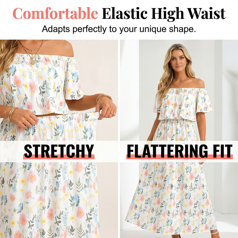 👗 50 % DE RÉDUCTION EN CE MOMENT ! 🌸 Robe longue à manches courtes et épaules dénudées – Imprimé floral, corsage à volants et poches dissimulées ✨