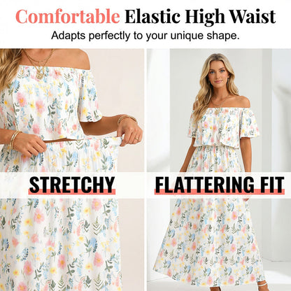 👗 50 % DE RÉDUCTION EN CE MOMENT ! 🌸 Robe longue à manches courtes et épaules dénudées – Imprimé floral, corsage à volants et poches dissimulées ✨