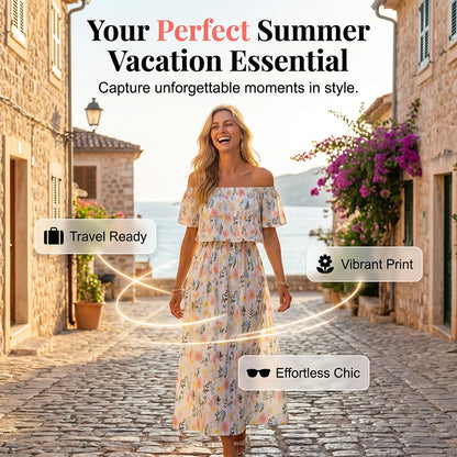 👗 50 % DE RÉDUCTION EN CE MOMENT ! 🌸 Robe longue à manches courtes et épaules dénudées – Imprimé floral, corsage à volants et poches dissimulées ✨