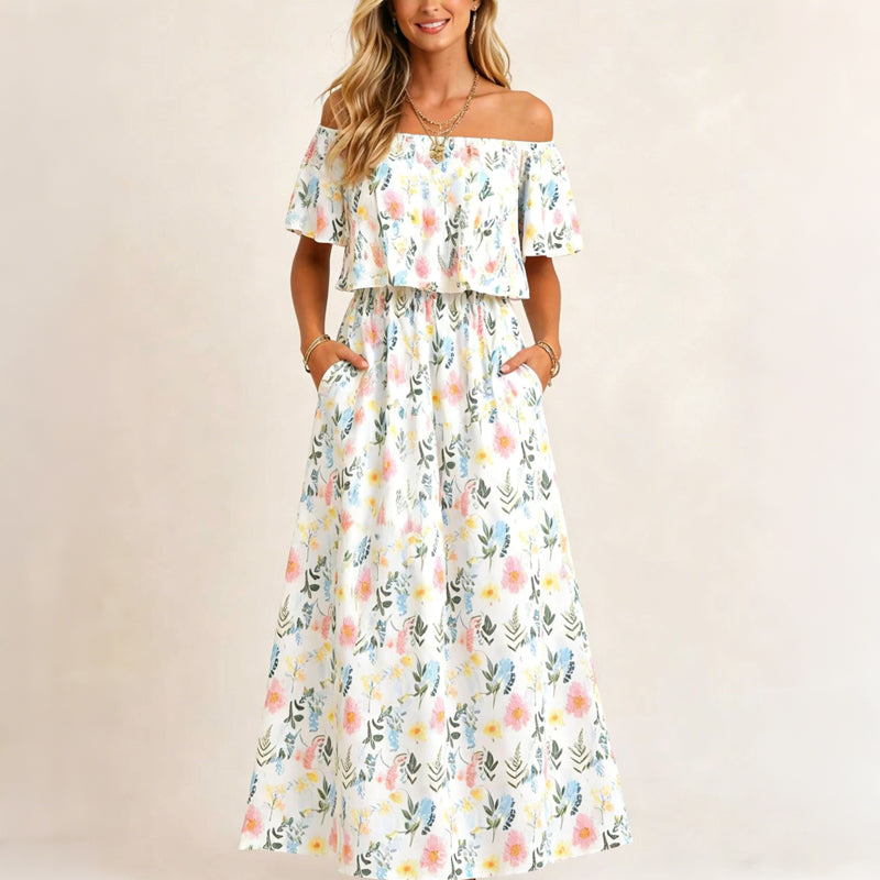 👗 50 % DE RÉDUCTION EN CE MOMENT ! 🌸 Robe longue à manches courtes et épaules dénudées – Imprimé floral, corsage à volants et poches dissimulées ✨