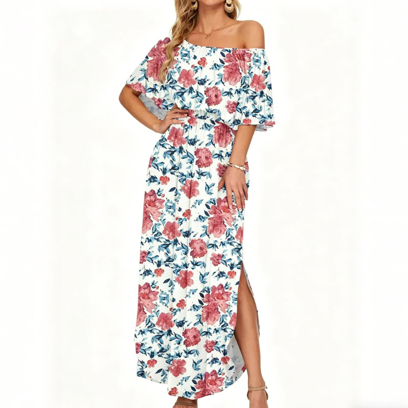 👗 50 % DE RÉDUCTION EN CE MOMENT ! 🌸 Robe longue à manches courtes et épaules dénudées – Imprimé floral, corsage à volants et poches dissimulées ✨