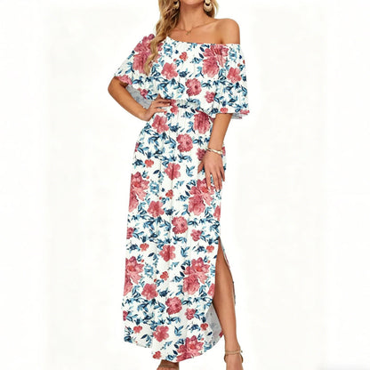 👗 50 % DE RÉDUCTION EN CE MOMENT ! 🌸 Robe longue à manches courtes et épaules dénudées – Imprimé floral, corsage à volants et poches dissimulées ✨