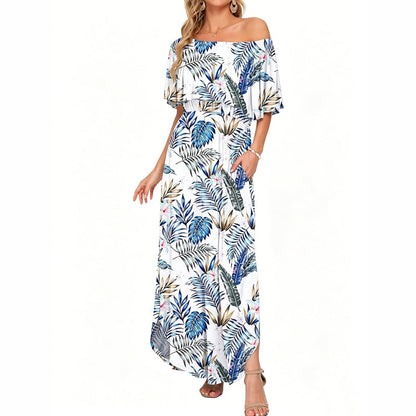 👗 50 % DE RÉDUCTION EN CE MOMENT ! 🌸 Robe longue à manches courtes et épaules dénudées – Imprimé floral, corsage à volants et poches dissimulées ✨