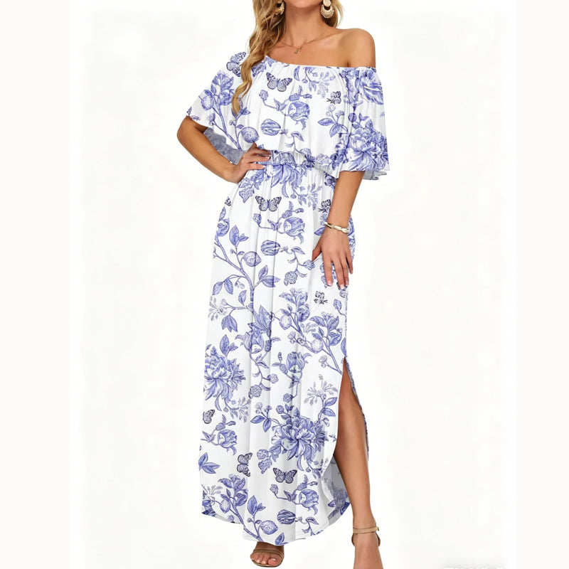 👗 50 % DE RÉDUCTION EN CE MOMENT ! 🌸 Robe longue à manches courtes et épaules dénudées – Imprimé floral, corsage à volants et poches dissimulées ✨