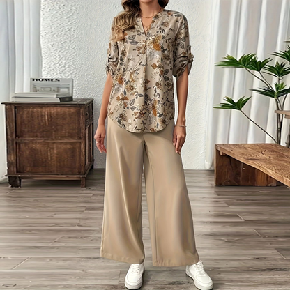 Women's 2-Piece Floral Blouse & Wide-Leg Pants Set
