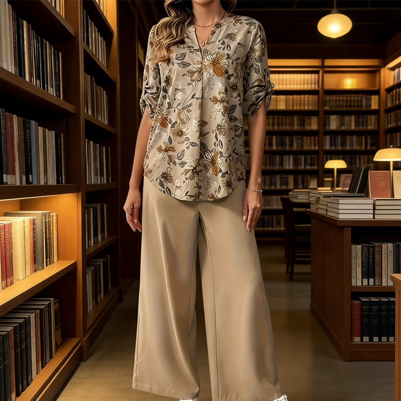 Women's 2-Piece Floral Blouse & Wide-Leg Pants Set