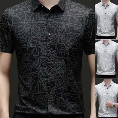 👔🎨💼 PROMO -50% ! Chemise Homme à Col & Manches Courtes – Motif Géométrique Abstrait, Tissu Léger & Infroissable (Noir/Blanc, M-2XL)