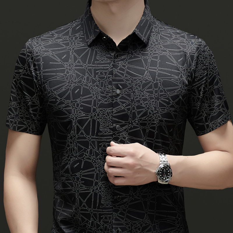👔🎨💼 PROMO -50% ! Chemise Homme à Col & Manches Courtes – Motif Géométrique Abstrait, Tissu Léger & Infroissable (Noir/Blanc, M-2XL)