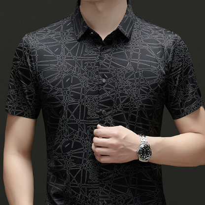 👔🎨💼 PROMO -50% ! Chemise Homme à Col & Manches Courtes – Motif Géométrique Abstrait, Tissu Léger & Infroissable (Noir/Blanc, M-2XL)