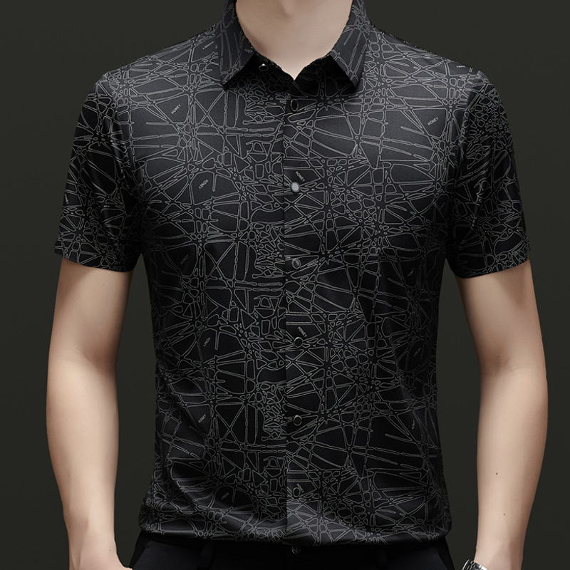 👔🎨💼 PROMO -50% ! Chemise Homme à Col & Manches Courtes – Motif Géométrique Abstrait, Tissu Léger & Infroissable (Noir/Blanc, M-2XL)